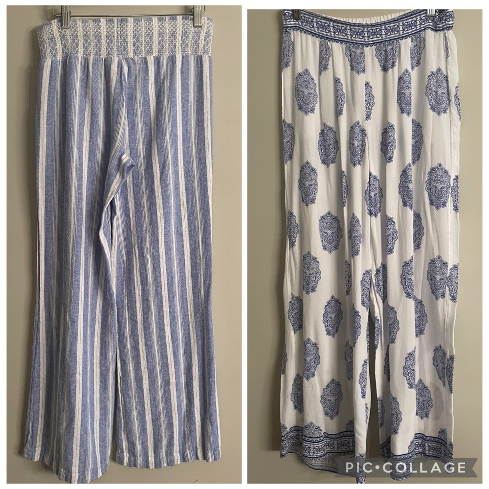 Two pairs light flowy beach pants blue white size M / S